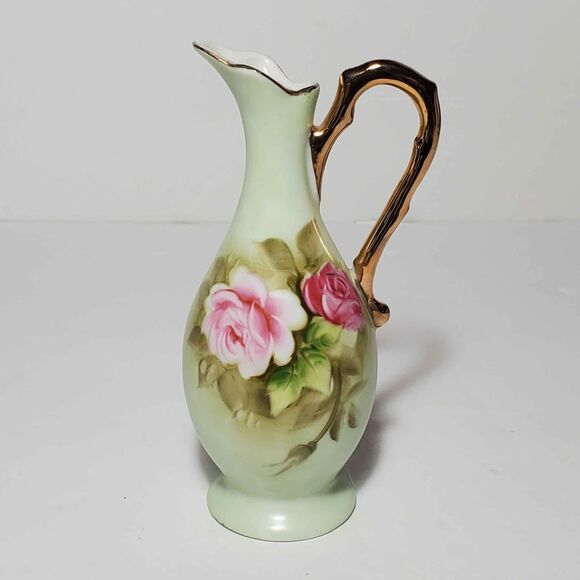 Lefton Green Heritage Small Pitcher Pink Roses Vintage - Picture 1 of 7